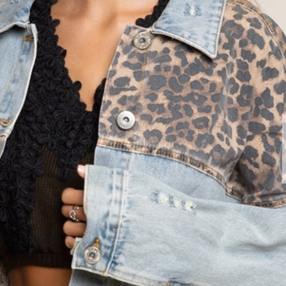 Distressed Denim and Leopard Short Oversized Jacket - Picture 6 of 17